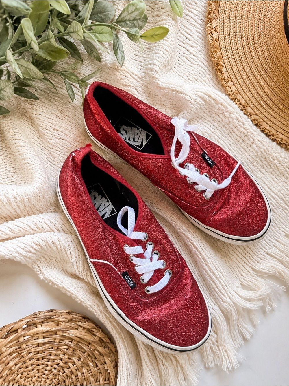 Vans Y2K Red Glitter Sneakers Women’s 8.5 Sparkle Lace Up Skate Shoes